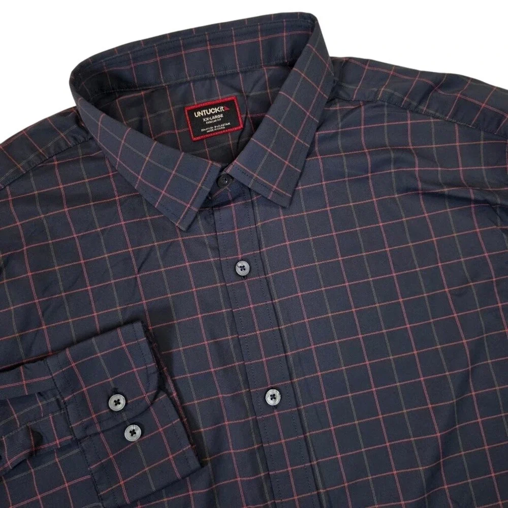 UNTUCKit Men's XXL Altrugo Performance L/S Button Down Shirt Navy Grid Stretch